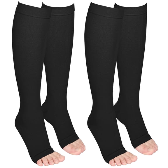 MARTINE MALL 2 Pairs Open Toe Medical Compression Stockings, 20-30 mmhg Knee High Graduated Compression Socks for Women Men(Black,XL)
