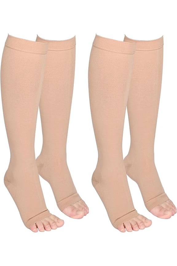2 Pairs Open Toe Medical Compression Stockings, 20-30 mmhg Knee High Graduated Compression Socks for Women Men(Beige,XL)