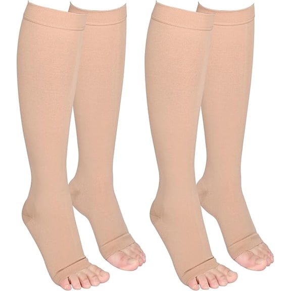 MARTINE MALL 2 Pairs Open Toe Medical Compression Stockings, 20-30 mmhg Knee High Graduated Compression Socks for Women Men(Beige,XL)