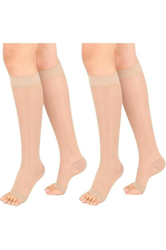 2 Pairs Open Toe Sheer Compression Stockings 15-20 mmHg Knee High Medical Compression Socks for Women