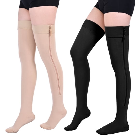 MARTINE MALL 2 Pairs Thigh High Zipper Compression Socks 20-30 Mmhg Closed Toe Compression Support Stockings for Pregnancy, Post-surgery, Swelling(Black Beige)