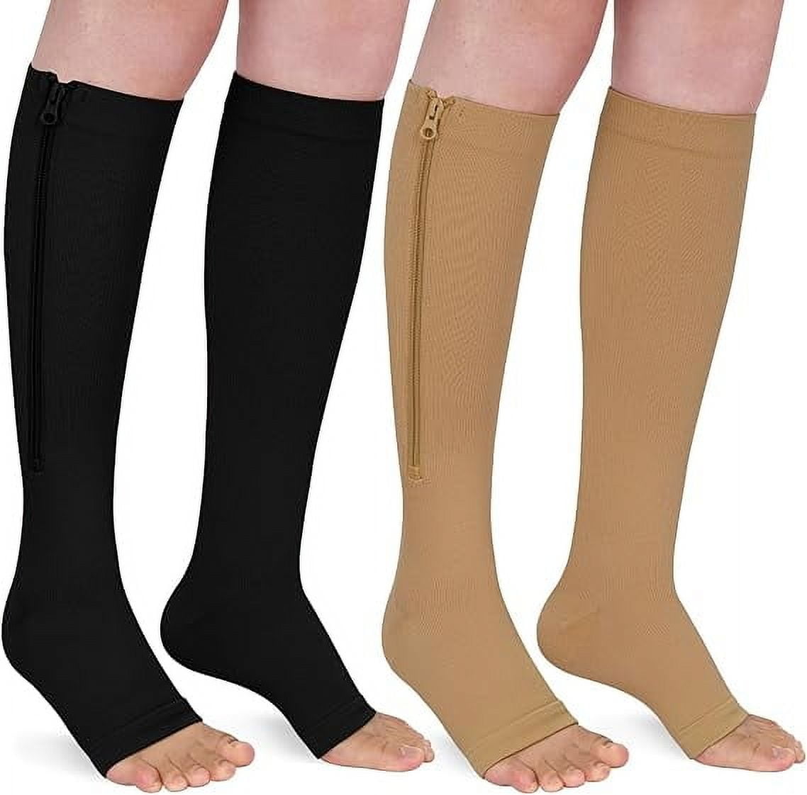MARTINE MALL 2 Pairs Zipper Compression Socks for Women & Men, 15-20 mmHg Open Toe Compression Stocking with Zipper (Black+Beige,L/XL)