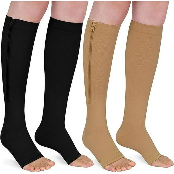 MARTINE MALL 2 Pairs Zipper Compression Socks for Women & Men, 15-20 mmHg Open Toe Compression Stocking with Zipper (Black+Beige,L/XL)