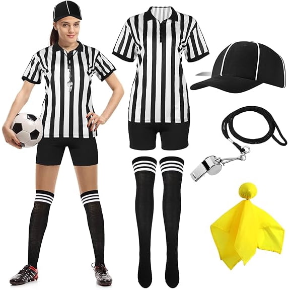 MARTINE MALL 6 Pcs Women Referee Costume Black and White Stripe Ref Shirt Jersey Shorts Referee Hat for Halloween Party Costumes Outfits
