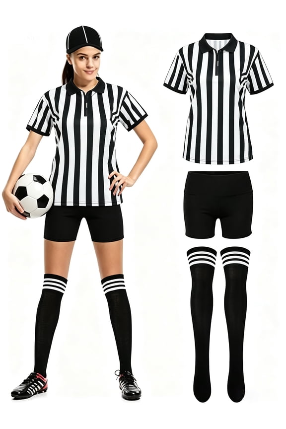4 Pcs Women Referee Costume Black and White Stripe Ref Shirt Jersey Shorts Referee Hat for Halloween Party Costumes Outfits