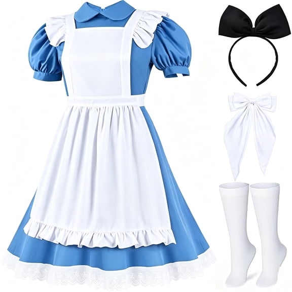 MARTINE MALL Women Halloween Blue White Princess Costume Dress With Bow Hair Band Stockings Set