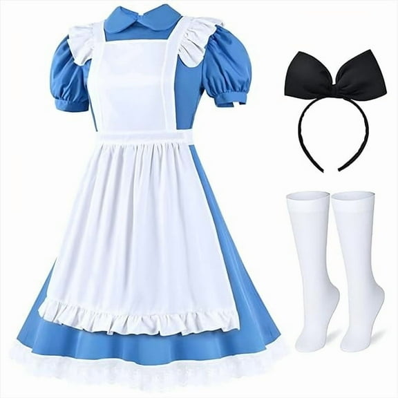 MARTINE MALL Women Halloween Blue White Princess Costume Dress With Bow Hair Band Stockings Set