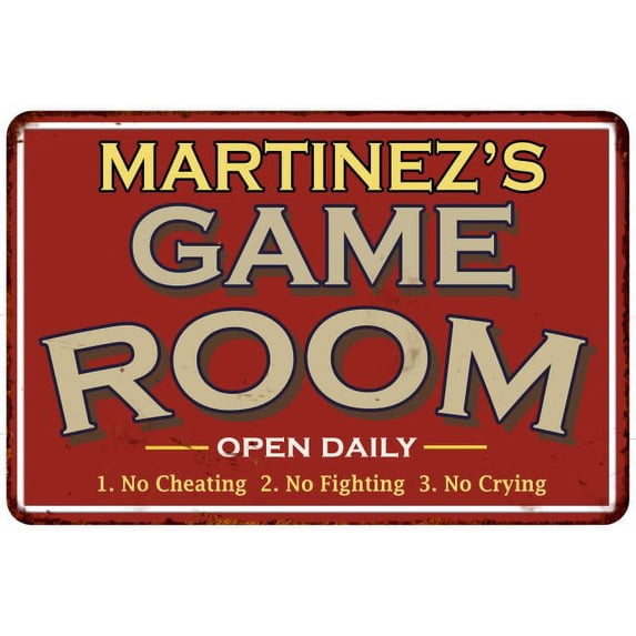 MARTINEZ'S Game Room Sign Vintage Look 8 x 12 High Gloss Metal 208120001277