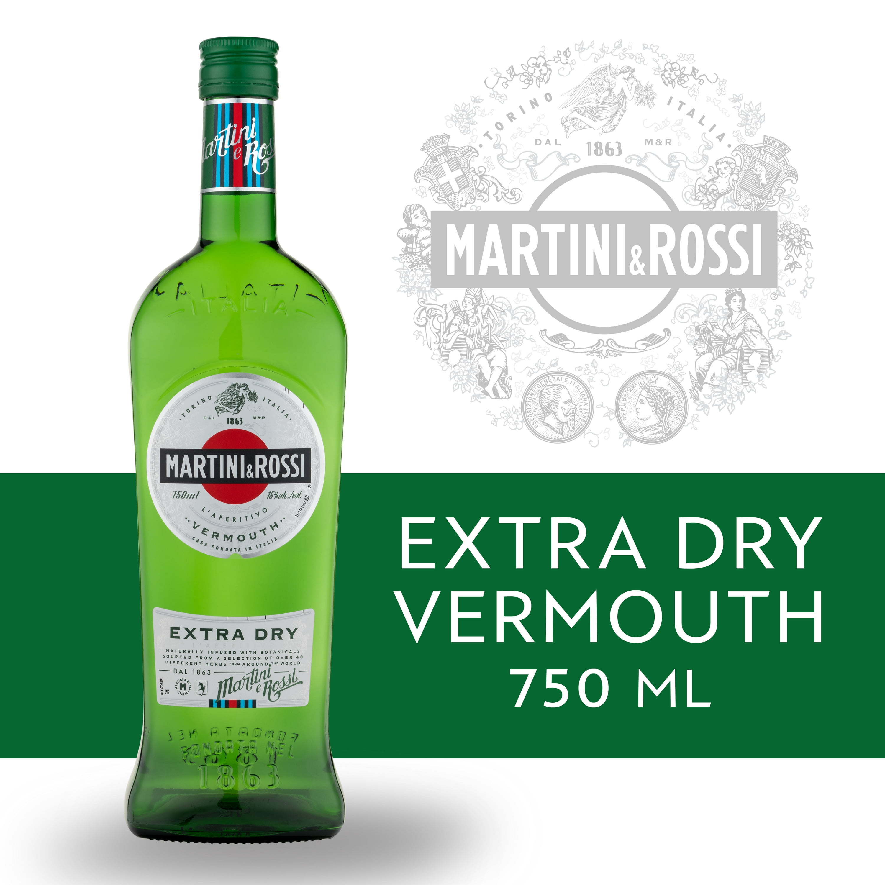 MARTINI & ROSSI Extra Dry Vermouth Cocktail Mixer, 750 mL Bottle, ABV 15%