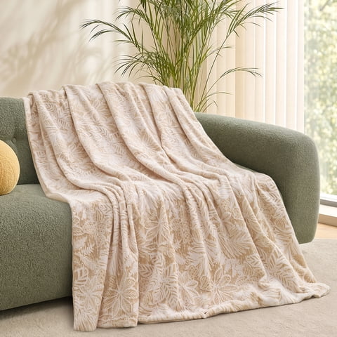 MARNUR Flannel Heated Blanket Electric Throw 50"×60", Irregular Leaf Pattern Heated Throw, 6 Heating Levels and 4H Timer, Machine Washable, Beige