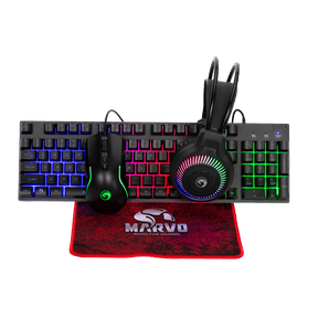 MARVO All-In-One Wired Gaming Combo, Full Size Keyboard & Mouse, Static RGB Lighting, USB & 3.5mm Dual Ports, Anti-Skid Sweat Resistant Mouse Pad, Gaming Set for Teen Gamers, Laptops & Game Consoles