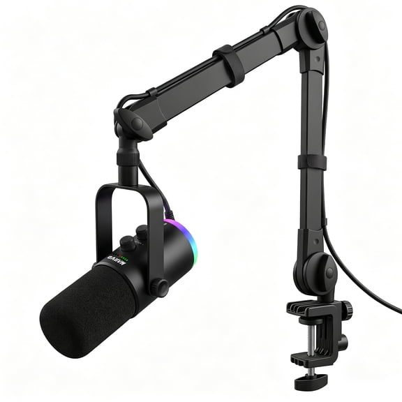 MARVO MIC-09 Professional USB Podcast Microphone Kit, Plug-And-Play Function, 7-Color LED Lighting, USB Port, Metal Boom Arm Stand, Mic for Recording, Gaming, Singing & YouTube Streaming