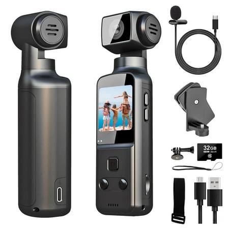 MARVUE 4K Body Camera with External Microphone, 270° Rotatable Mini Video & Audio Pocket Camera Ideal for Outdoor, Bike, Travel, 32GB Included