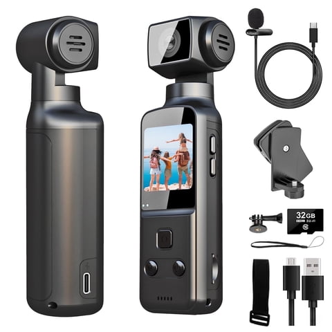 MARVUE 4K Body Camera with External Microphone, 270° Rotatable Mini Video & Audio Pocket Camera Ideal for Outdoor, Bike, Travel, 32GB Included