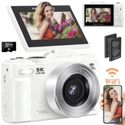 MARVUE Digital Camera 5K 75MP WiFi Vlogging Camera for Photography, 18x Zoom, Autofocus, Flip Screen with 32GB Card, White