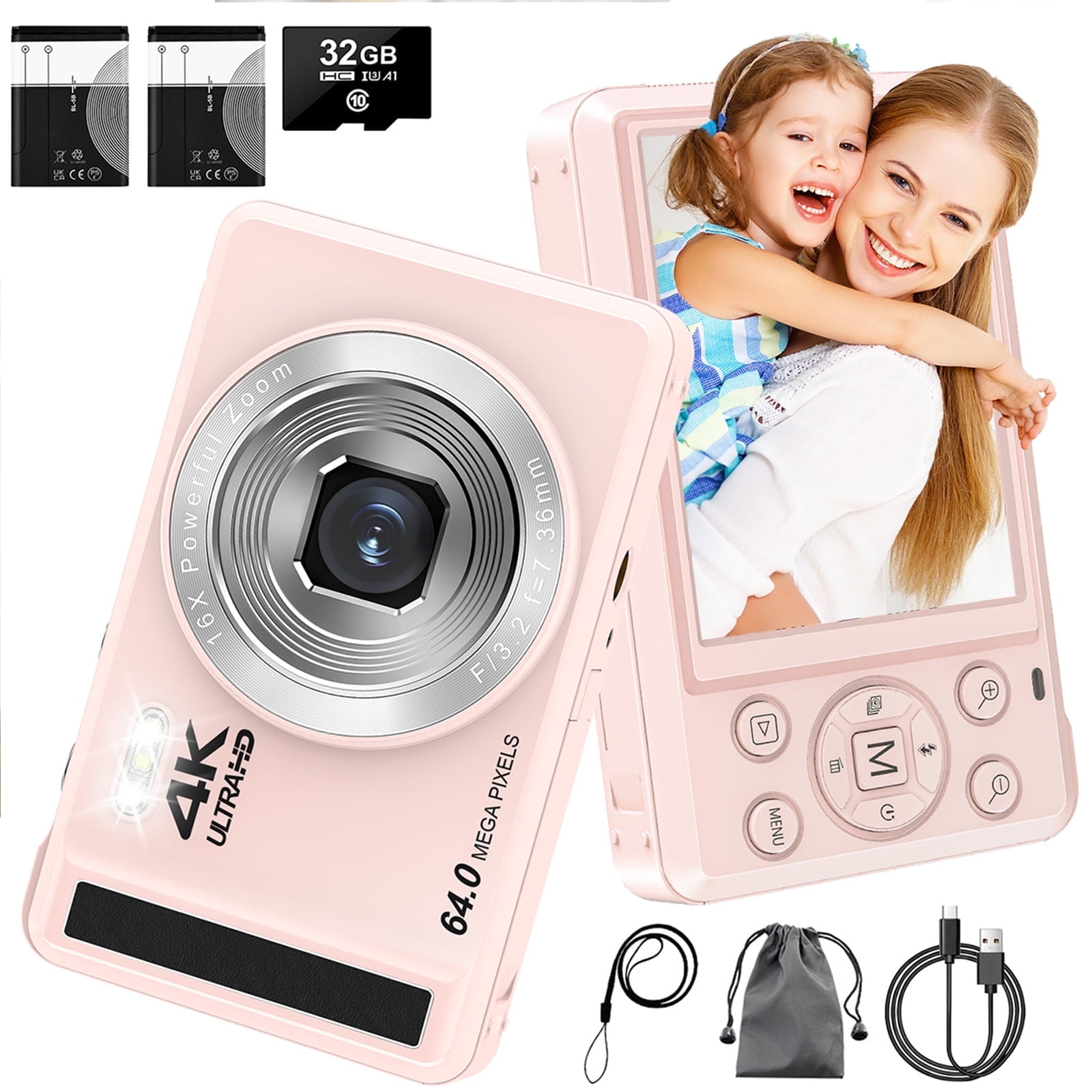 MARVUE Digital Camera 4K UHD 64MP 16X Digital Zoom with 32GB SD Card