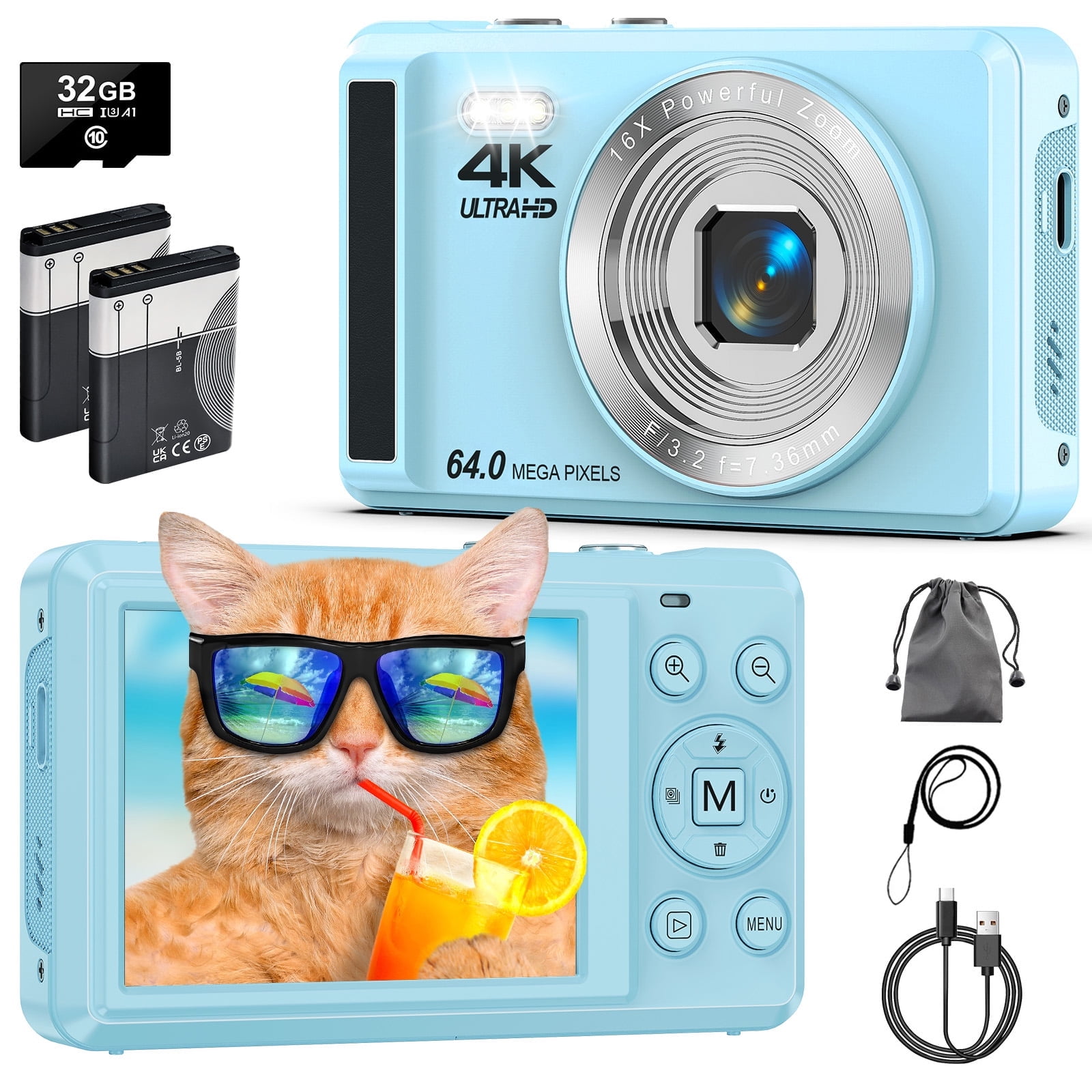 MARVUE Digital Camera 4K UHD 64MP, Autofocus Compact Camera with 16X Digital Zoom, 32GB SD Card, 2 Batteries - Blue