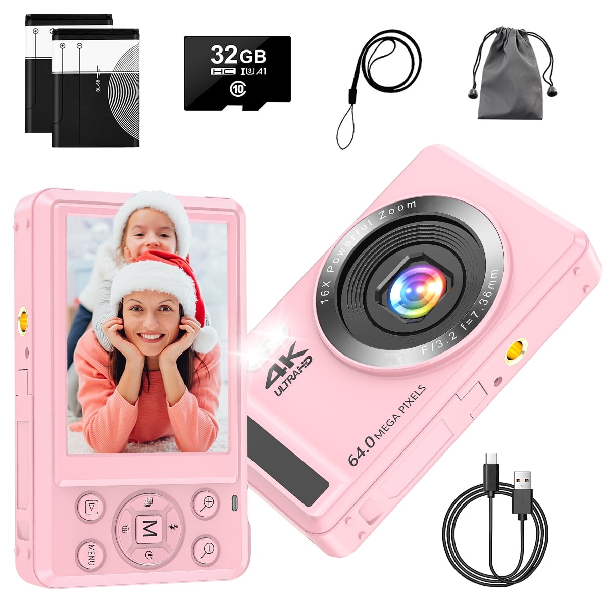 MARVUE Digital Camera 4K UHD 64MP, Autofocus Compact Camera with 16X Digital Zoom, 32GB SD Card, 2 Batteries - Pink