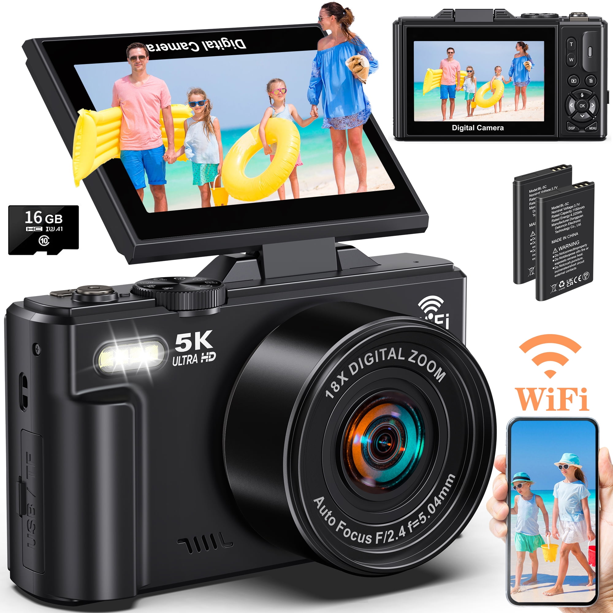 MARVUE Digital Camera 5K 75MP WiFi Vlogging Camera for Photography, 18x Zoom, Autofocus, Flip Screen