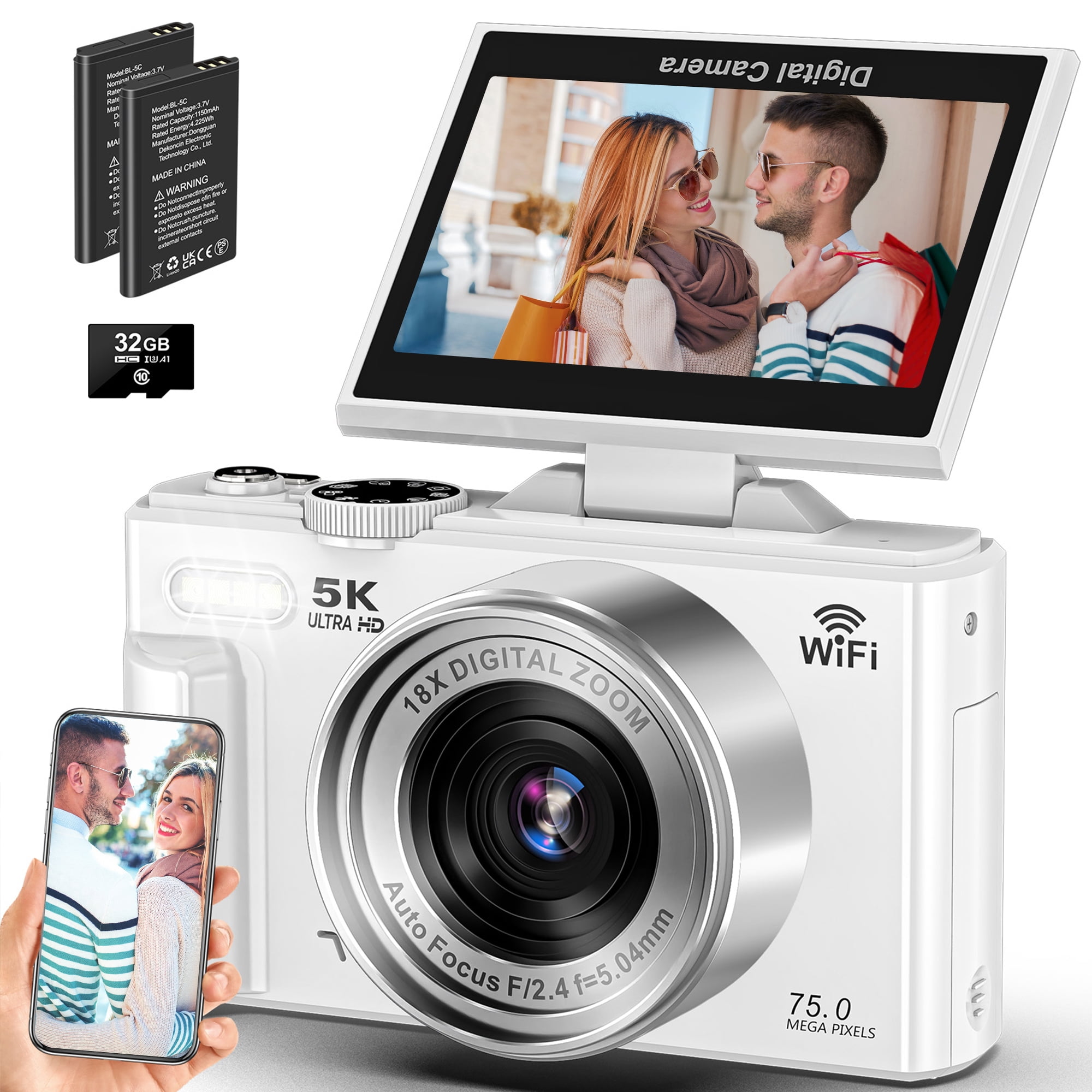 MARVUE Digital Camera 5K 75MP WiFi Vlogging Camera for Photography, Autofocus, 18x Zoom, Flip Screen with 32GB Card, White