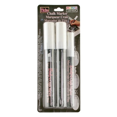 Marvy Uchida Bistro Chalk Markers, White, Fine, Broad, Chisel Tips, 3 Pack