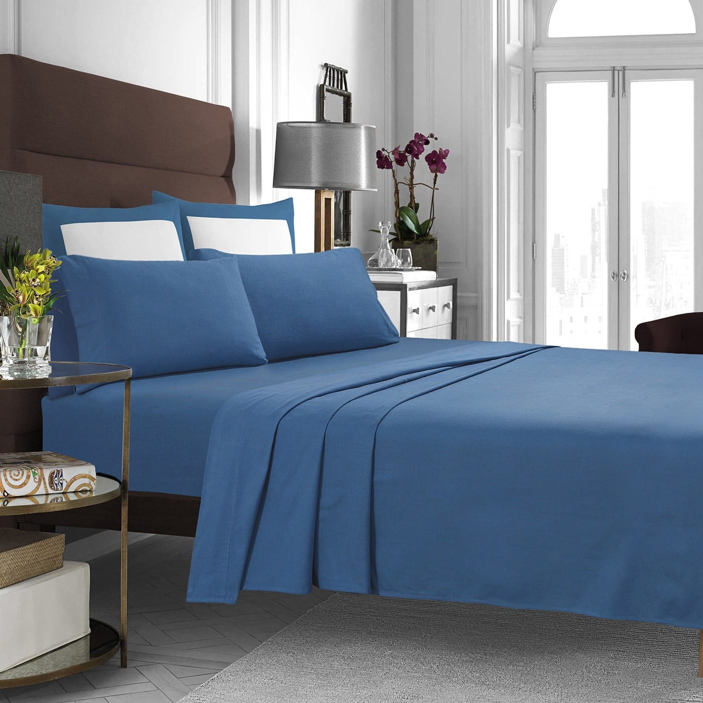 California King Dark Blue Cotton Flannel Deep Pocket Sheet Set