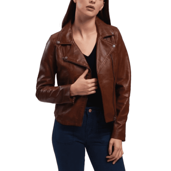 BLUE WELLFORD Mary Women's Cognac Leather Perfecto Jacket with Shoulder Cutouts, Zipper Pockets, and Lapel Collar