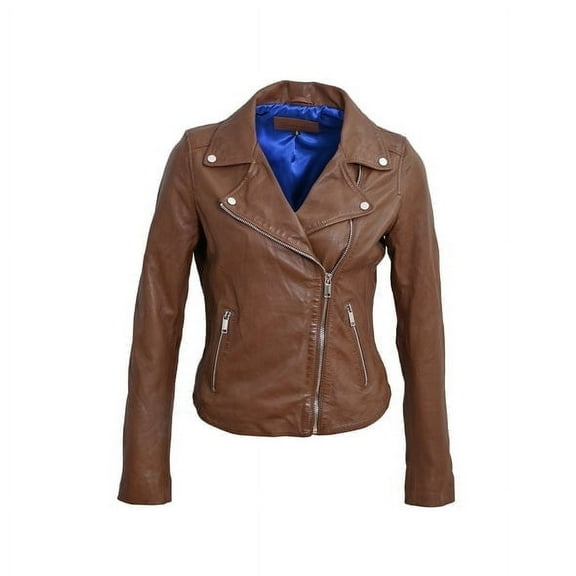BLUE WELLFORD Mary Women's Cognac Leather Perfecto Jacket with Shoulder Cutouts, Zipper Pockets, and Lapel Collar