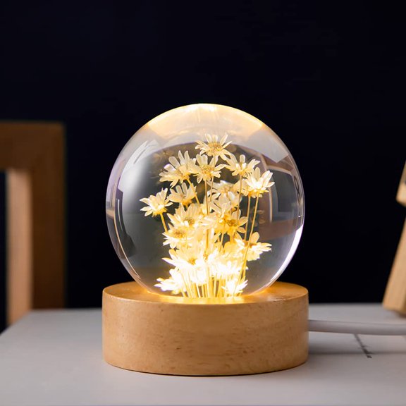 MARZIUS Flower Crystal Ball Night Light, 2.4 inch Glass Ball Night Lamp with Woodern Base (Yellow Daisy) Y101