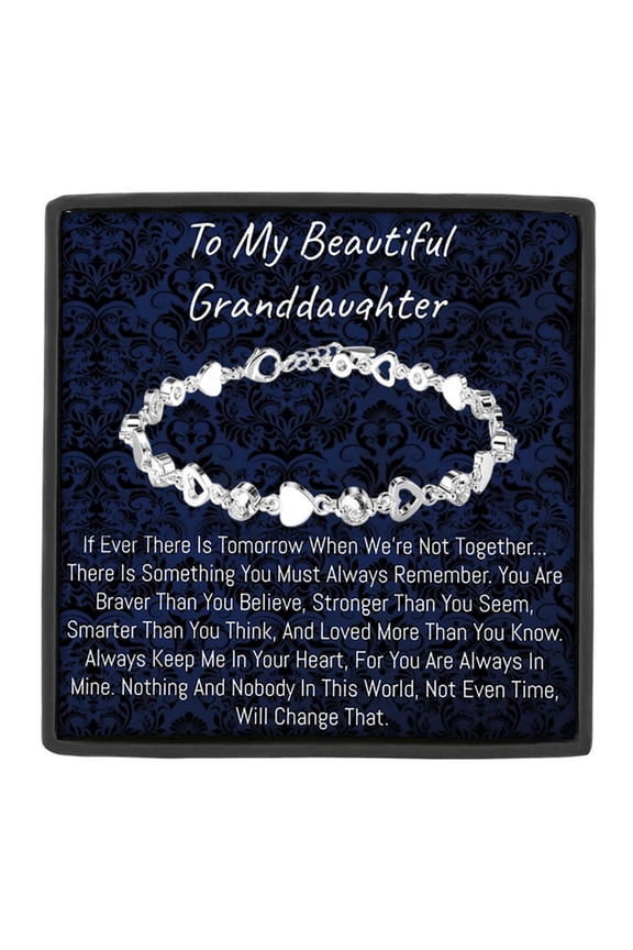 To My Beautiful Granddaughter Interlocking Hearts Bracelet, Silver Heart and Heart Link Chain with Inspirational Message Card and Box, Sentimental Keepsake Gift for Her