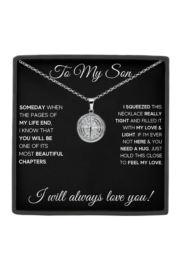 Silver Compass Necklace Gift for Son in Message Gift Box,Guiding Light Pendant Present for Birthday, Graduation, or New Adventure
