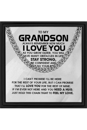 To My Grandson Necklace from Grandma, Stainless Steel Cuban Chain with Meaningful Message Card, Sentimental Jewelry Keepsake Gift Box for Graduation Birthday Christmas