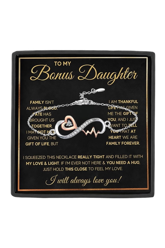 To My Bonus Daughter Infinity Heart Bracelet, Sentimental Message Card Jewelry Gift Box