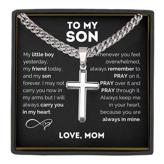 MASALADI To My Son Stainless Steel Cuban Chain Cross Necklace with Gift Box and Message Card,Inspirational Gifts birthday gift