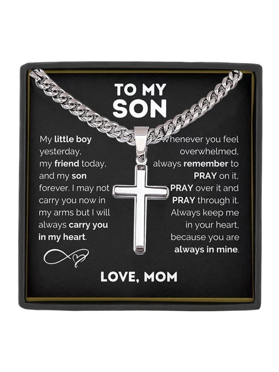 To My Son Stainless Steel Cuban Chain Cross Necklace with Gift Box and Message Card,Inspirational Gifts birthday gift