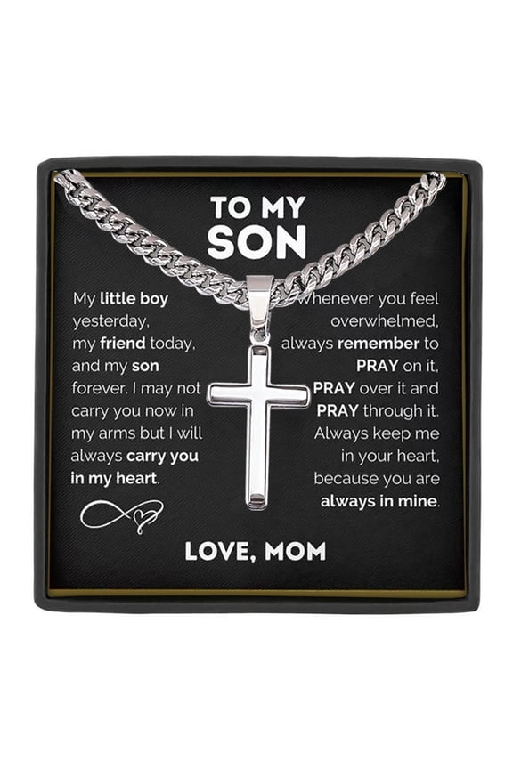 To My Son Stainless Steel Cuban Chain Cross Necklace with Gift Box and Message Card,Inspirational Gifts birthday gift