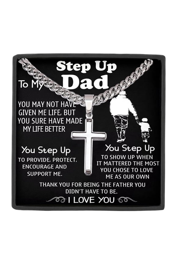 To My Step Up Dad Cross Necklace, Men's Pendant Jewelry Gift with Message Card,Father's Day Gift Birthday Gift Christmas Gift