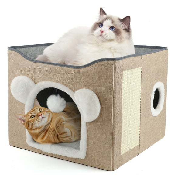 MASBRILL Cat Beds for Indoor Cats - Large Pet Cat Bed Cave with Scratch Pad and Fluffy Ball, Foldable Cat Hideaway for Multi Small Pet