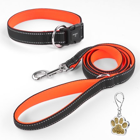 MASBRILL Dog Collar And Leash Set,Reflective Dog Collar With Dog Tag ,Soft Neoprene Padded Breathable ,Odour Resistant And Fast Drying Dog Leash+Dog Collar,Black&Orange-S