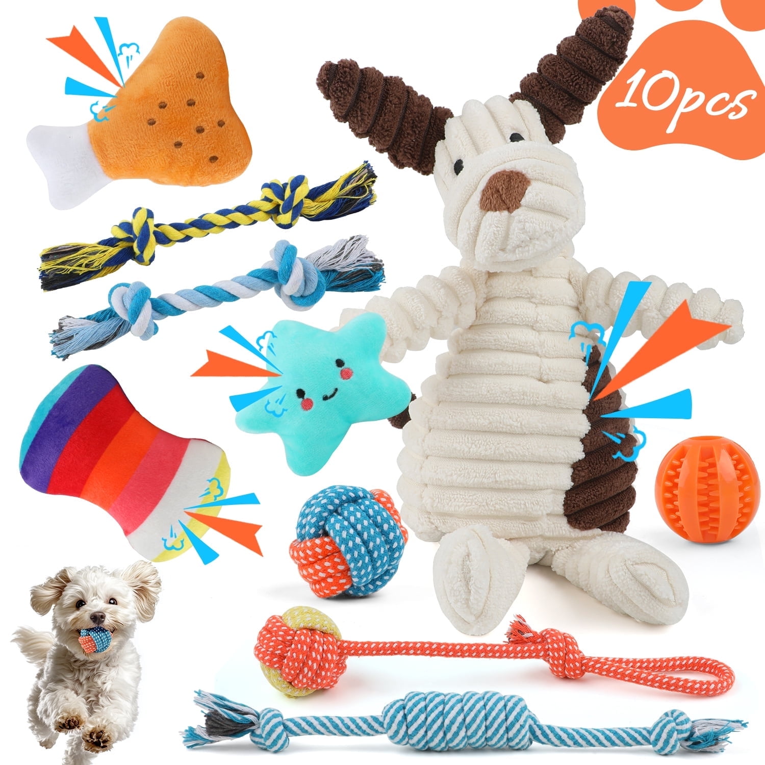 MASBRILL Dog Toys for Small Dogs ,10 Pack Puppy Chew Toys for Teething and Training with Plush Squeaky Toys, Treat Ball and Rope Toys to Keep Them BusyWhite Dog