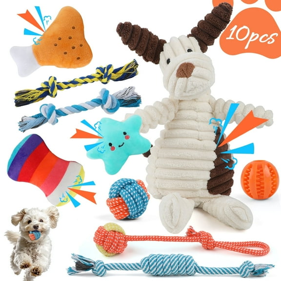 MASBRILL Dog Toys for Small Dogs ,10 Pack Puppy Chew Toys for Teething and Training with Plush Squeaky Toys, Treat Ball and Rope Toys to Keep Them BusyWhite Dog