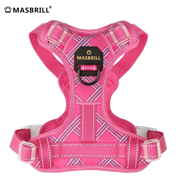 MASBRILL No Pull Dog Harness Reflective Dog Vest Harness with Handle , Breathable Padded Dog Chest Harness Adjustable for Large Dog,New Striped-Rose Red