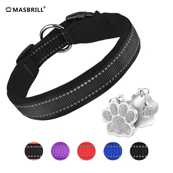 MASBRILL dog collar with Dog tag Reflective Soft Neoprene Padded Breathable and Adjustable, Odour Resistant and Fast Drying-Black-XL