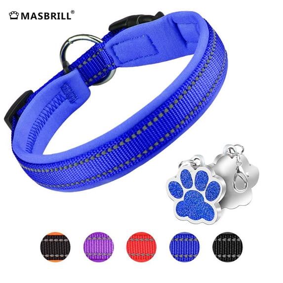 MASBRILL dog collar with Dog tag Reflective Soft Neoprene Padded Breathable and Adjustable, Odour Resistant and Fast Drying-Blue-XS