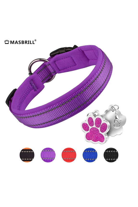 dog collar with Dog tag Reflective Soft Neoprene Padded Breathable and Adjustable, Odour Resistant and Fast Drying-Purple-L