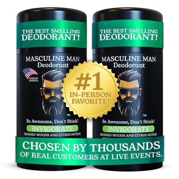 MASCULINE MAN Deodorant for Men - Aluminum Free, Mens Deodorant, Natural Ingredients, Best Smelling, 24-Hour Protection, Stain Free, Travel Size, Made in USA 2 Pack - 3.2oz (INVIGORATE)