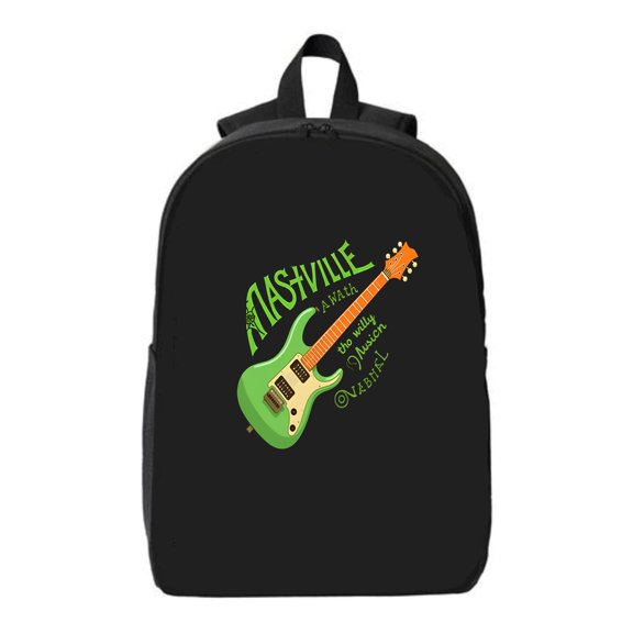 MASHVILLE Black Backpack with Green Electric Guitar Design - Fits 15 " Laptop & iPad Perfect for Music Lovers
