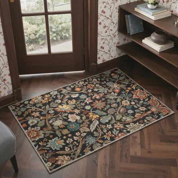 MASIIS 2X3 Vintage Floral Area Rugs Machine Washable Rugs for Living Room, Non Slip Flat Pile Rug with Rubber Backing, Boho Rug for Entryway Bedroom Dining Room Home Office