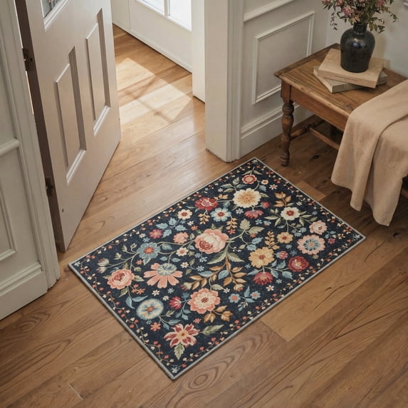 MASIIS 2X3 Vintage Floral Area Rugs Machine Washable Rugs for Living Room, Non Slip Flat Pile Rug with Rubber Backing, Boho Rug for Entryway Bedroom Dining Room Home Office