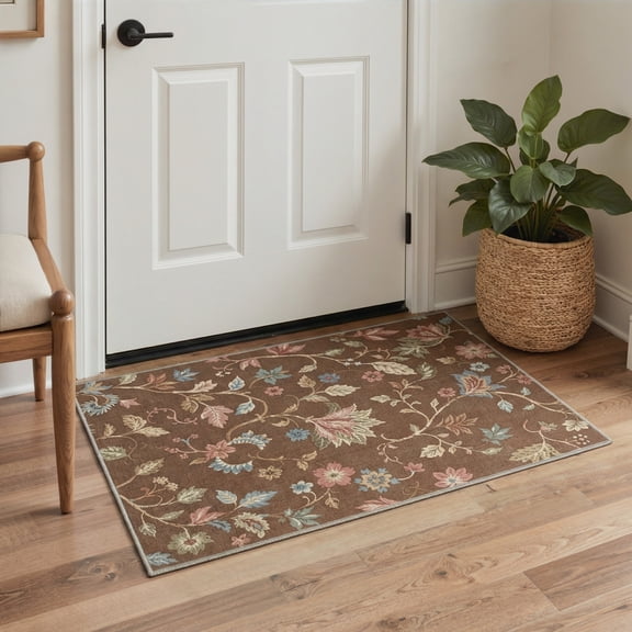 MASIIS 2X3 Vintage Floral Area Rugs Machine Washable Rugs for Living Room, Non Slip Flat Pile Rug with Rubber Backing, Boho Rug for Entryway Bedroom Dining Room Home Office
